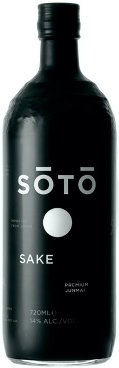 Matte black bottle of SOTO Premium Junmai sake with white text and simple circle design, 720ml.