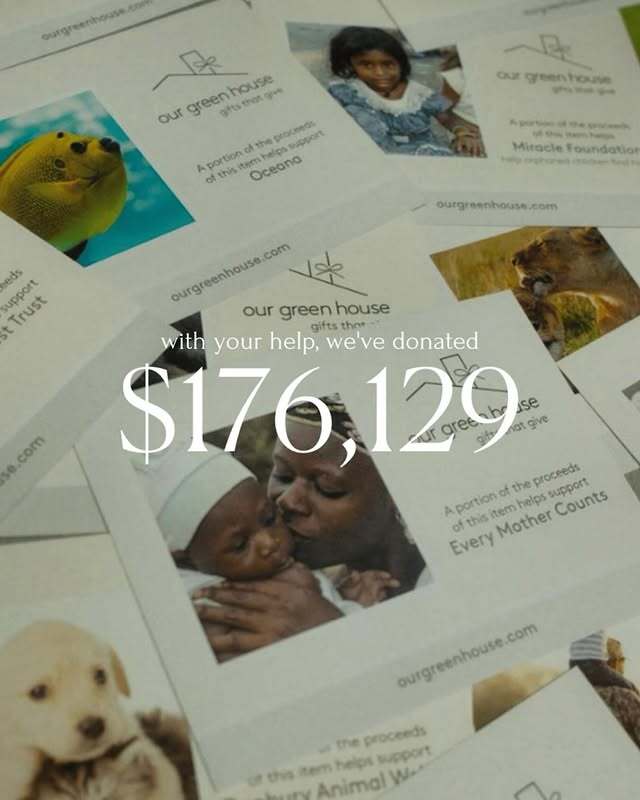 Donation cards from Our Green House highlighting $176,129 in charitable giving through eco-friendly gift purchases.