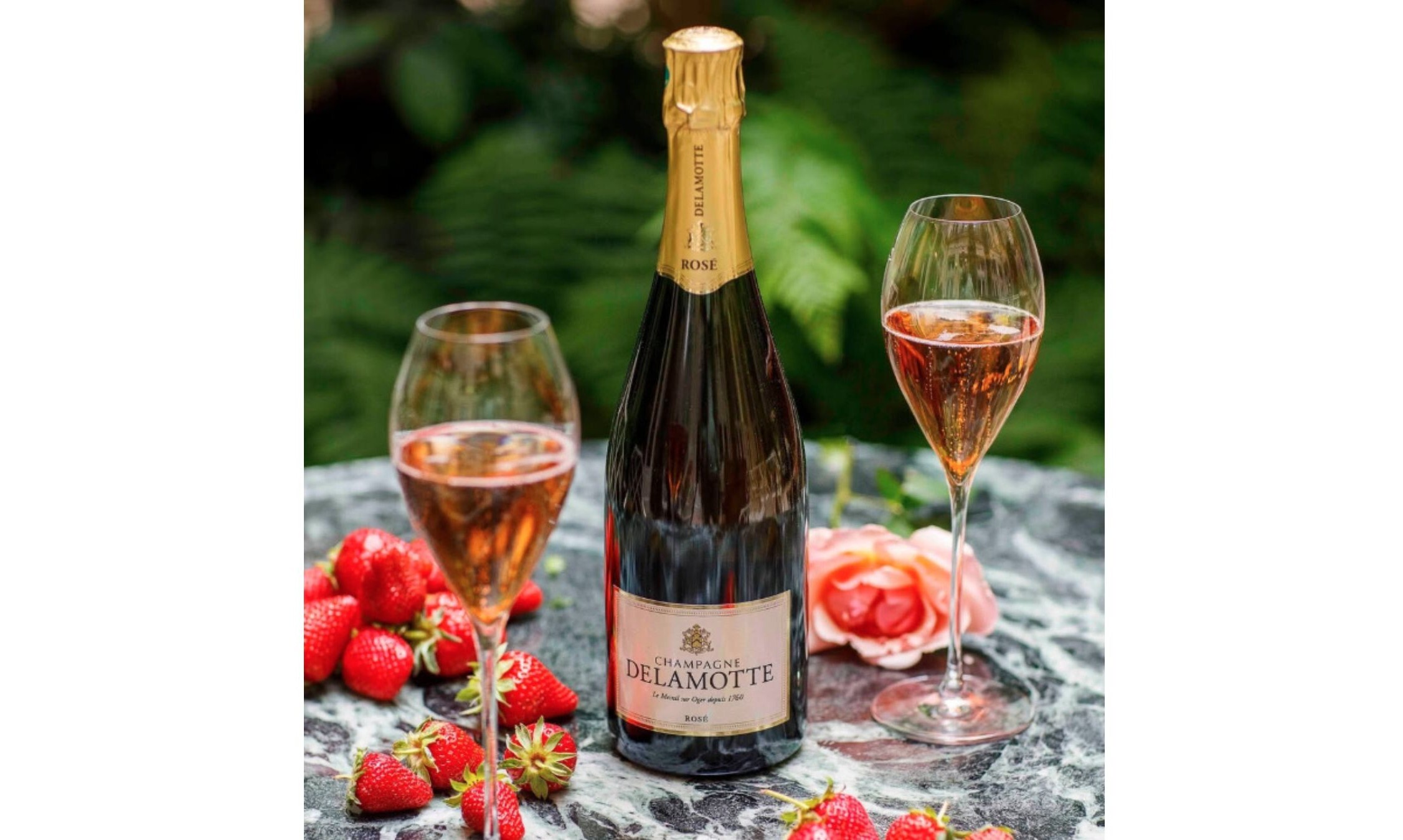 Champagne Delamotte Rosé bottle with two glasses outdoors and fresh strawberries.