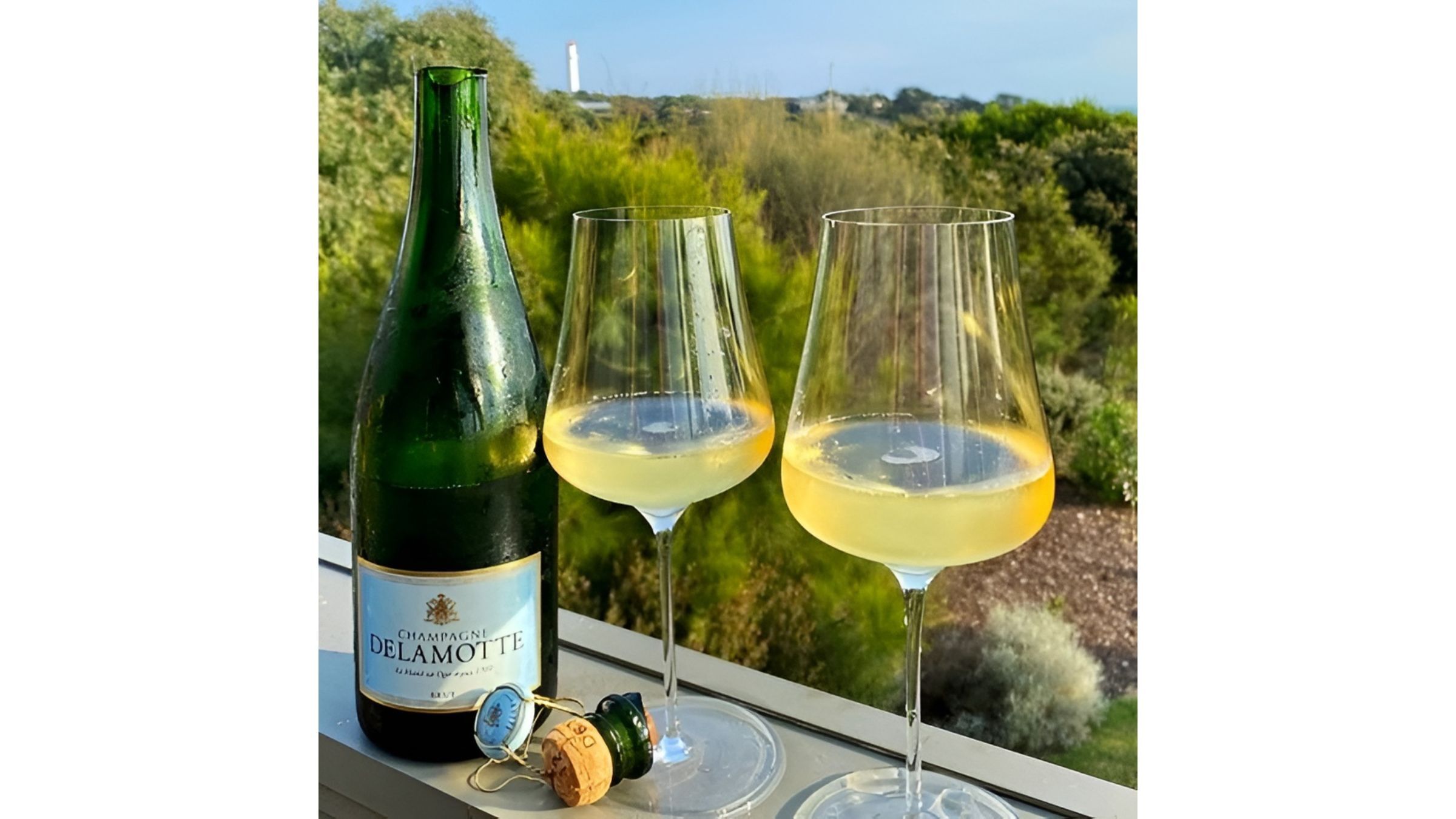 Two glasses of Champagne beside an open bottle on an outdoor terrace surrounded by greenery.