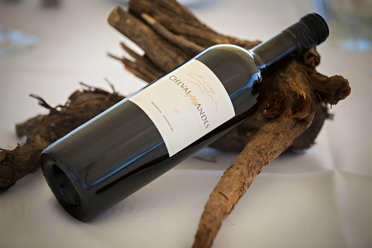 Cheval des Andes red wine bottle displayed on rustic wood, featured by Woodland Hills Wine Company. 