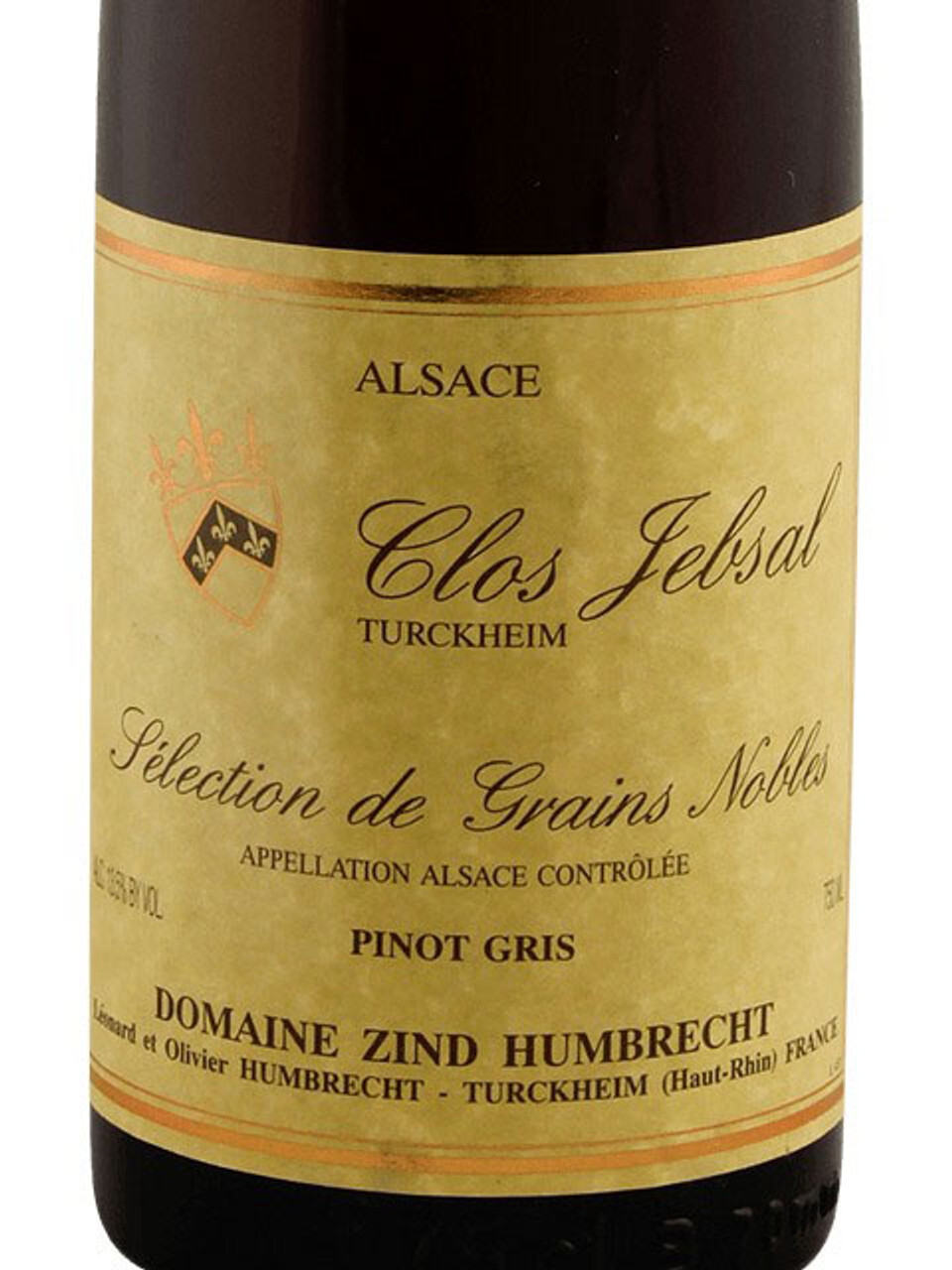  Label of Domaine Zind Humbrecht Clos Jebsal Pinot Gris from Alsace, France, featuring an elegant gold-toned design.