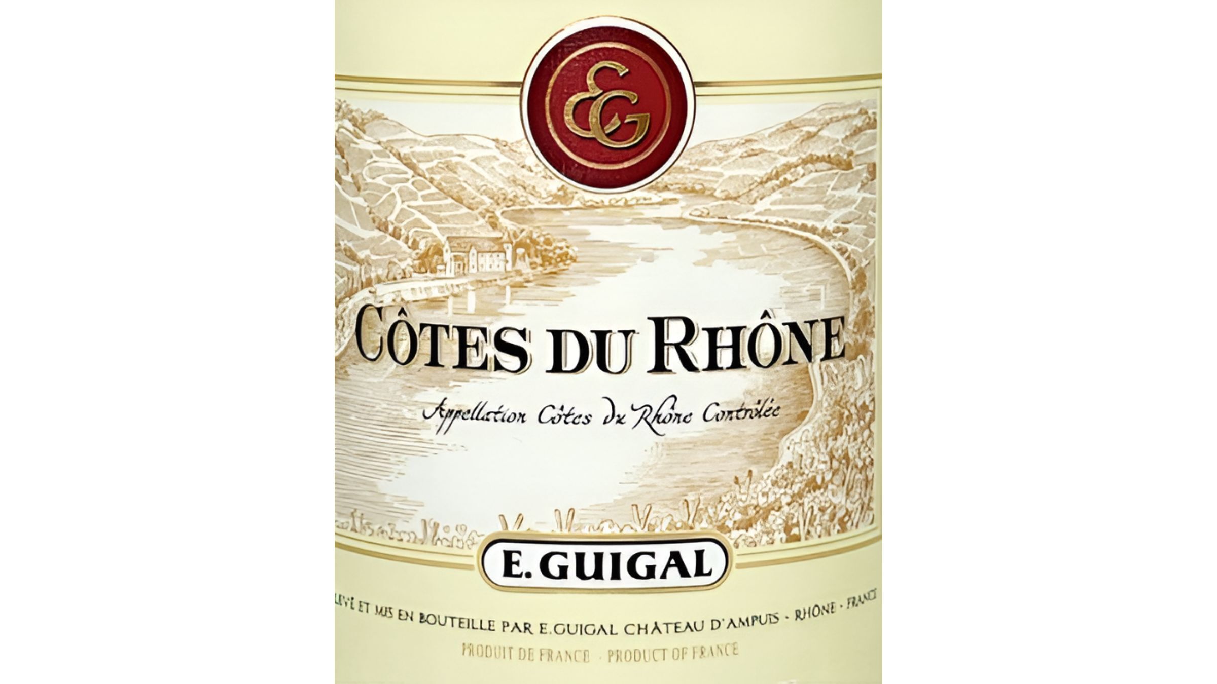  E. Guigal C&ocirc;tes du Rh&ocirc;ne label showcasing Rh&ocirc;ne Valley artwork and the winery&rsquo;s red-and-gold emblem.