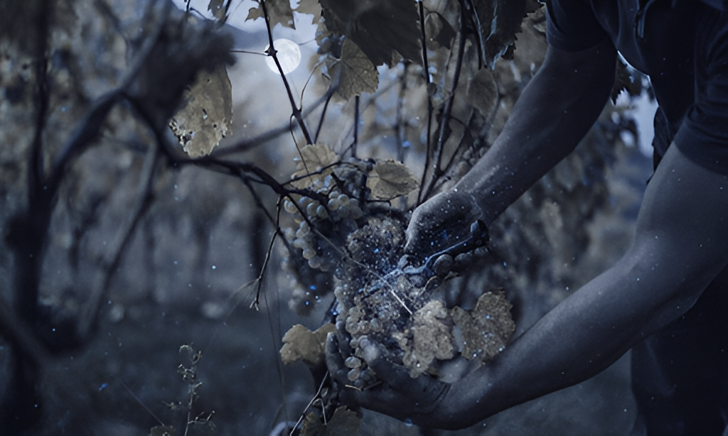 Hands harvesting a cluster of white grapes at night under the moonlight, with a mystical glow and cool blue tones.
