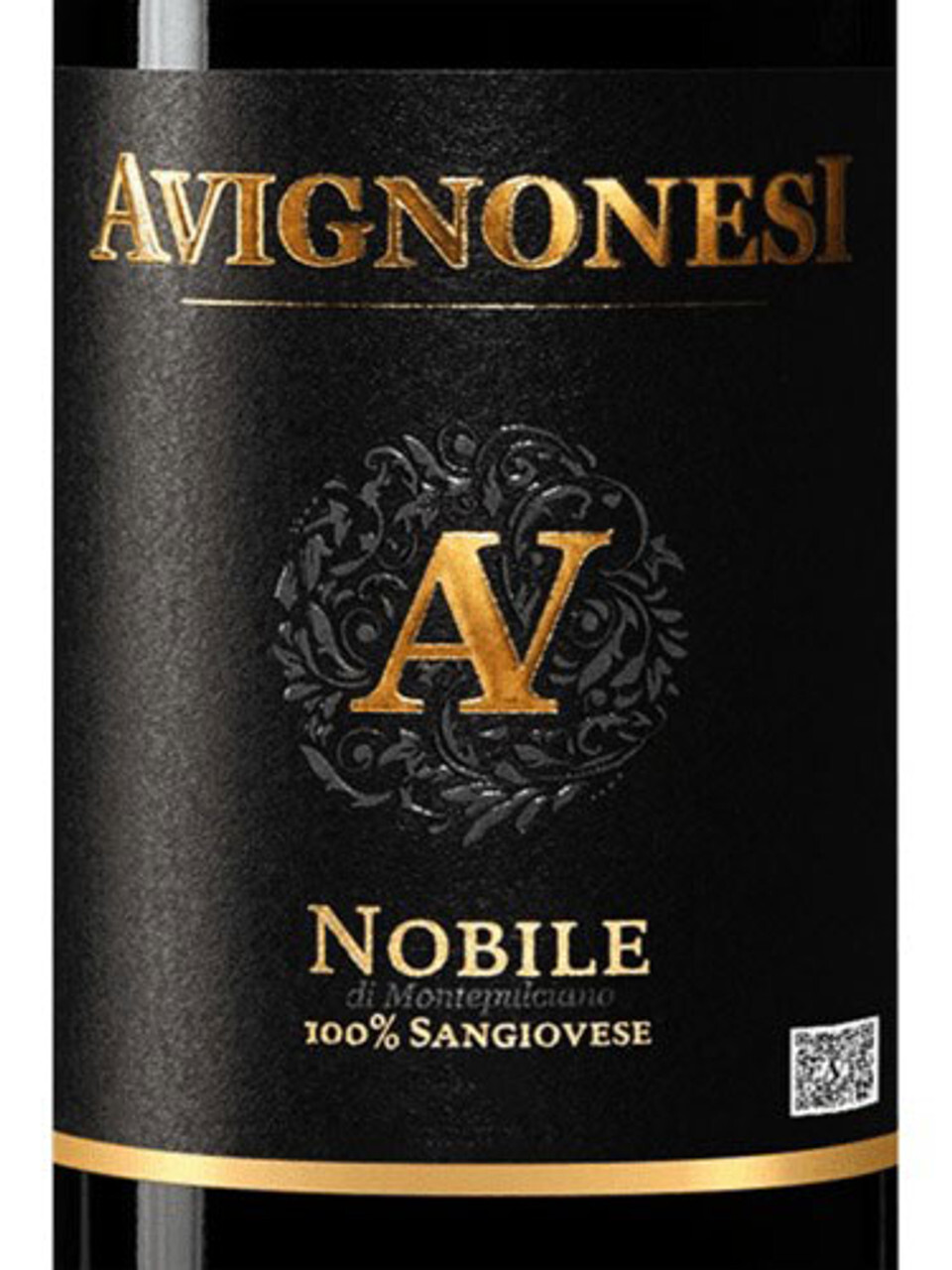 Black-and-gold label of Avignonesi ‘Nobile di Montepulciano’ 100% Sangiovese red wine.
