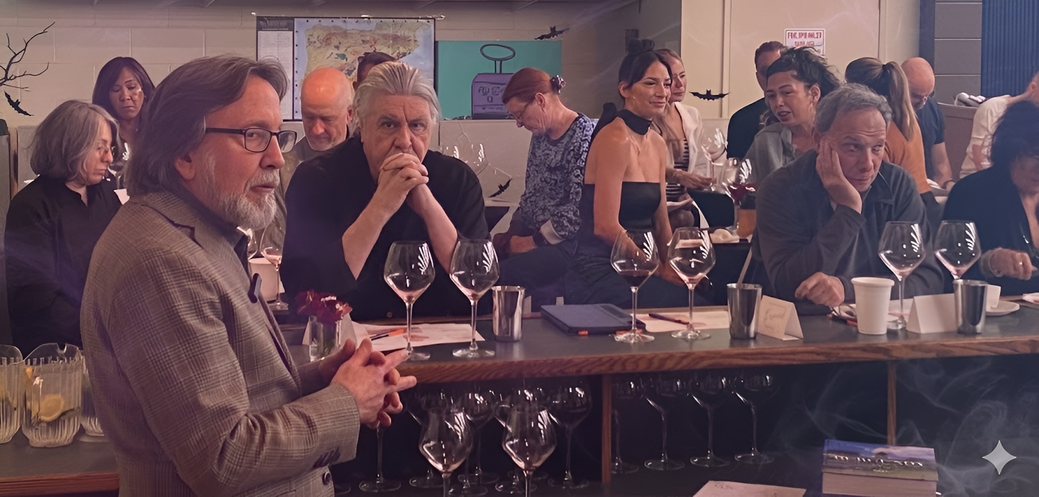 A group of people at a wine tasting event hosted by Woodland Hills Wine Company.