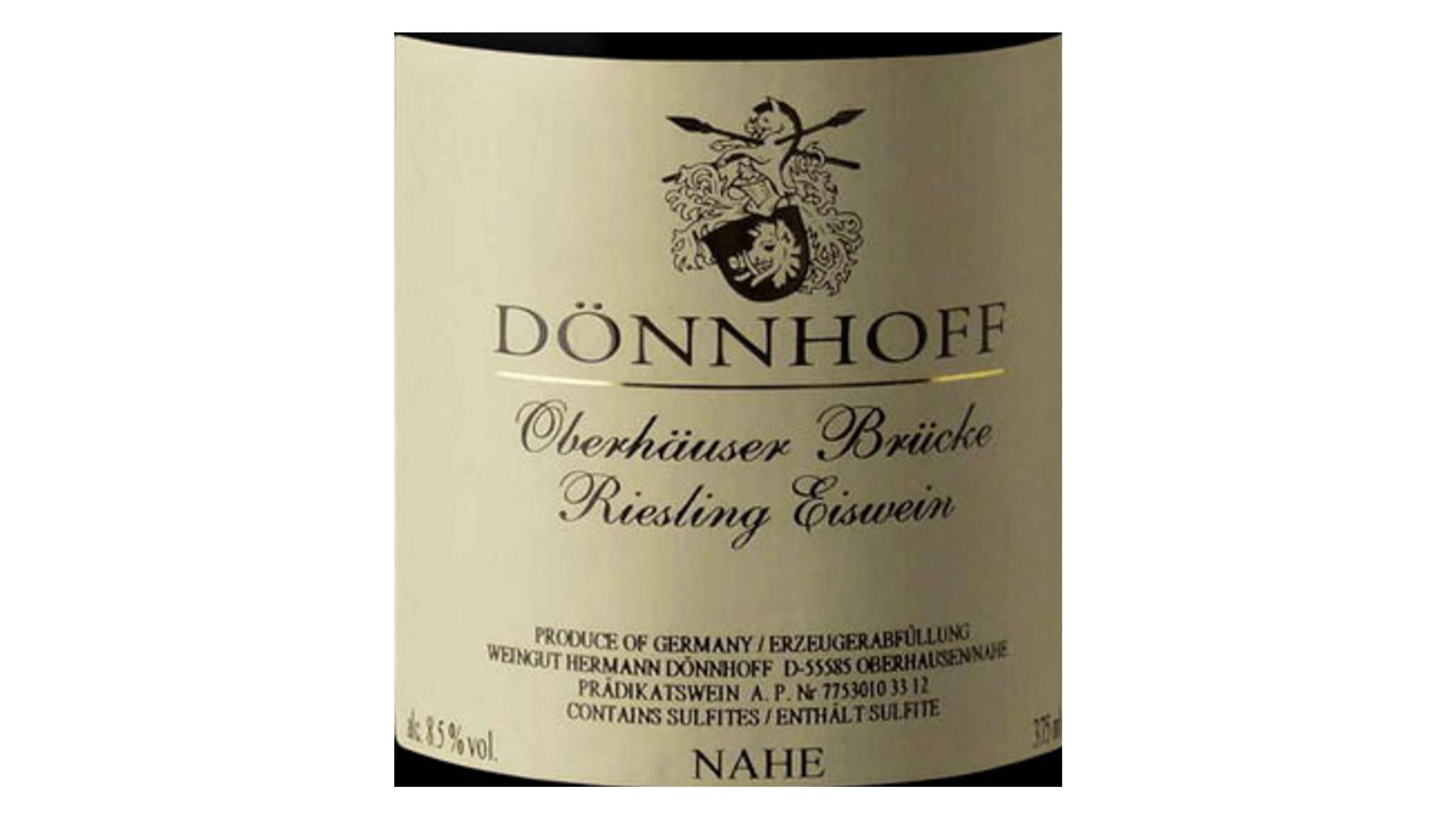 A Riesling eiswein bottle showcasing a golden, sweet dessert wine made from naturally frozen grapes on the vine. 