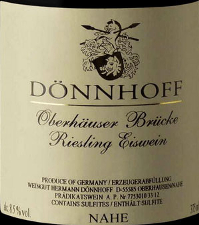A Riesling eiswein bottle showcasing a golden, sweet dessert wine made from naturally frozen grapes on the vine. 