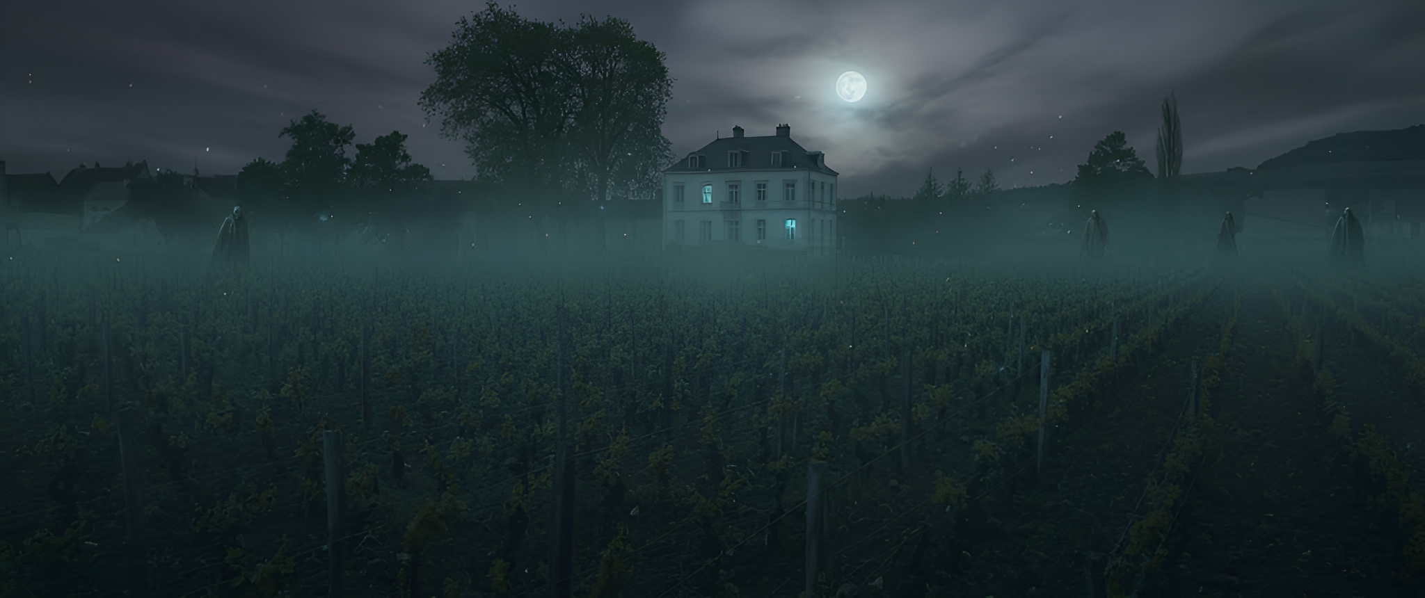 A spooky image of a French vineyard.